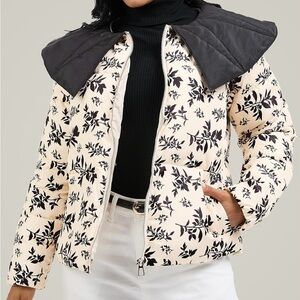 NWT Floral Black and Cream Women's zip up
puffer Jacket with oversized collar